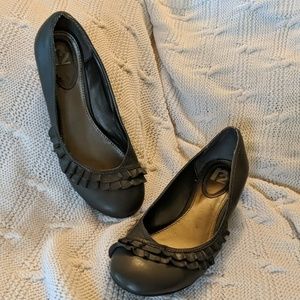 Grey wedge heels with ruffle size 8.5 low heel